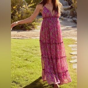 Misa Los Angeles Pink Paisley Tiered Halter Maxi Dress